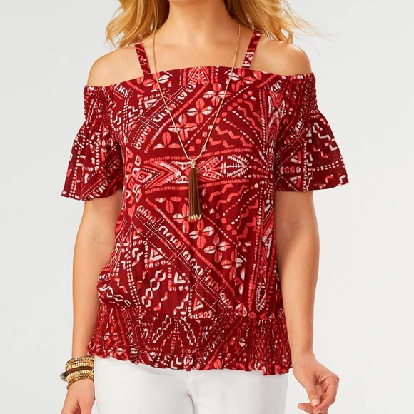 Cato Tops - 🌹New! Cato | Smocked Cold Shoulder Printed Top